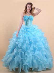 Beauteous Light Blue Lace Up Sweetheart Appliques and Ruffles 15 Quinceanera Dress Organza Sleeveless