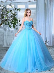 Eye-catching Floor Length Lace Up Ball Gown Prom Dress Baby Blue for Prom with Appliques
