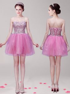 Mini Length Lace Up Prom Gown Lilac for Prom and Party with Beading