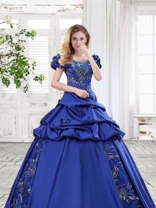 Popular Off the Shoulder Royal Blue Taffeta Lace Up Quinceanera Gowns Cap Sleeves Floor Length Appliques and Pick Ups an
