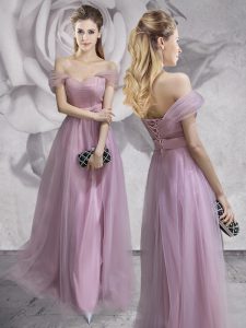 Off the Shoulder Lavender Tulle Lace Up Homecoming Dress Sleeveless Floor Length Lace and Ruching and Bowknot and Hand M