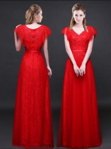 Glamorous Red Tulle and Lace Zipper V-neck Short Sleeves Floor Length Celebrity Inspired Dress Appliques and Belt