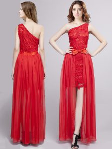 Great Red One Shoulder Neckline Lace and Bowknot Formal Dresses Sleeveless Zipper