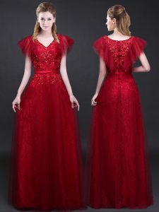 Lace Wine Red Prom Gown Prom and For with Appliques and Belt V-neck Short Sleeves Zipper