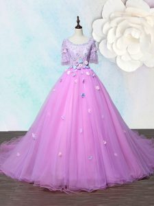 Scoop Lilac A-line Beading and Appliques Dress for Prom Lace Up Organza Half Sleeves With Train