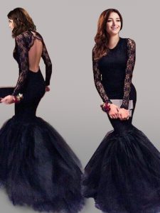 Suitable Mermaid Scoop Backless Tulle Long Sleeves With Train Prom Evening Gown Brush Train and Lace