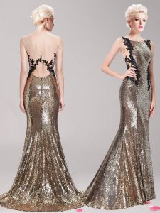 Perfect Mermaid Square Clasp Handle Sequined Sleeveless With Train Prom Evening Gown Brush Train and Appliques and Sequi