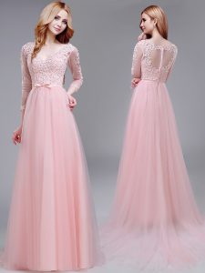 With Train Zipper Homecoming Dress Baby Pink for Prom with Lace and Bowknot Brush Train