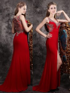 Modern Red Sleeveless Chiffon Brush Train Zipper Evening Outfits for Prom
