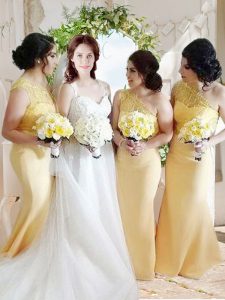 Admirable One Shoulder Yellow Sleeveless Satin Zipper Mother Of The Bride Dress for Prom