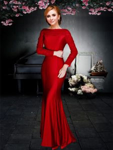Elastic Woven Satin Off The Shoulder Long Sleeves Zipper Ruching Red Carpet Gowns in Red