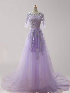 Lavender Empire Scoop Half Sleeves Tulle With Brush Train Zipper Appliques Dress for Prom