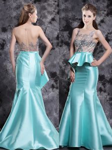 Luxurious Mermaid Scoop Aqua Blue Sleeveless Appliques Zipper Prom Dress