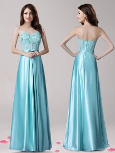 Glorious Aqua Blue Prom Party Dress Prom and Party and For with Beading and Appliques and Bowknot Sweetheart Sleeveless 