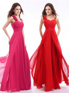 Decent Straps Hot Pink Empire Hand Made Flower Prom Gown Zipper Chiffon Sleeveless Floor Length