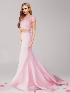 Pink Prom Evening Gown Prom and For with Beading Scoop Short Sleeves Brush Train Zipper