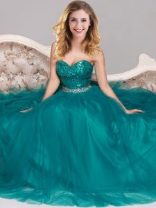 Sleeveless Tulle Floor Length Zipper in Peacock Green with Sequins