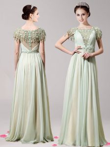 Scoop Short Sleeves Prom Dresses Floor Length Appliques Apple Green Chiffon