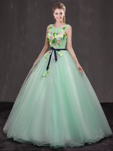 Organza Scoop Sleeveless Lace Up Appliques Sweet 16 Dresses in Apple Green