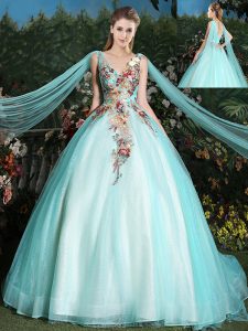 Delicate Aqua Blue Ball Gowns Appliques 15 Quinceanera Dress Lace Up Tulle Sleeveless With Train