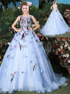 Cheap Scoop Sleeveless Floor Length Appliques Lace Up Quinceanera Dress with Light Blue Brush Train