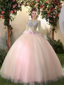 Fitting Scoop Long Sleeves Lace Up Floor Length Appliques Quinceanera Dress