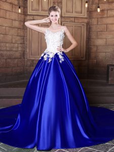 Spectacular Scoop Appliques 15th Birthday Dress Royal Blue Lace Up Sleeveless With Train Court Train
