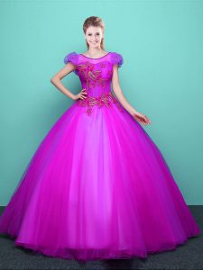 Luxury Ball Gowns 15 Quinceanera Dress Fuchsia Scoop Tulle Short Sleeves Floor Length Lace Up