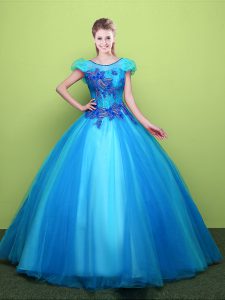Scoop Short Sleeves Quinceanera Gown Floor Length Appliques Baby Blue Tulle