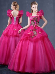 Fuchsia Straps Lace Up Appliques Quince Ball Gowns Sleeveless