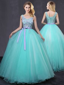 Glorious Scoop Appliques and Belt 15th Birthday Dress Aqua Blue Lace Up Sleeveless Floor Length