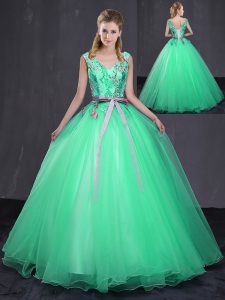 Extravagant Turquoise Lace Up V-neck Appliques and Belt Quinceanera Gown Tulle Sleeveless