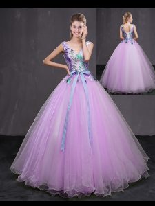 Lilac Ball Gowns Appliques and Belt Quinceanera Gown Lace Up Tulle Sleeveless Floor Length