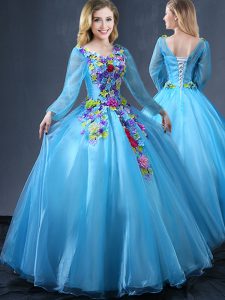 Baby Blue Lace Up V-neck Appliques Ball Gown Prom Dress Tulle Long Sleeves