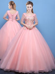 Elegant Appliques Quince Ball Gowns Baby Pink Lace Up Half Sleeves Floor Length