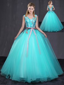 Low Price Aqua Blue Lace Up V-neck Appliques and Belt Quinceanera Dress Tulle Sleeveless