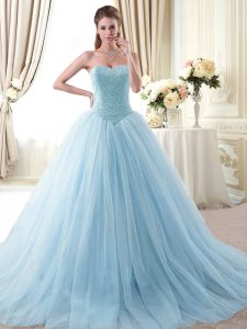 Light Blue Tulle Lace Up Sweet 16 Dress Sleeveless Floor Length Beading