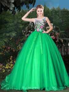 Scoop Green Sleeveless Appliques and Belt Zipper Ball Gown Prom Dress