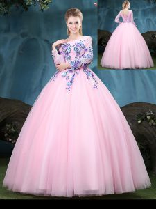 Glittering Scoop Floor Length Ball Gowns Long Sleeves Baby Pink Quince Ball Gowns Lace Up