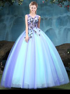 Popular Sleeveless Tulle Floor Length Lace Up Quinceanera Gowns in Multi-color with Appliques