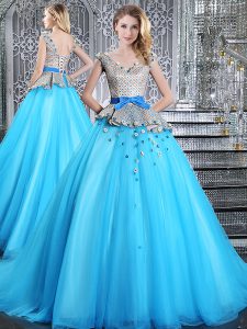 Simple Baby Blue Ball Gowns Tulle V-neck Sleeveless Appliques and Belt Lace Up Vestidos de Quinceanera Brush Train