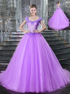 Romantic Lilac Ball Gowns Tulle Straps Sleeveless Beading and Appliques With Train Lace Up Quinceanera Dress Brush Train