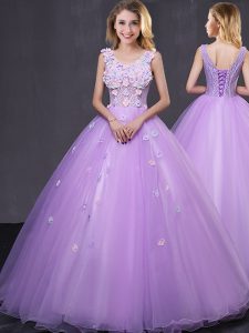 Admirable Lavender Tulle Lace Up V-neck Sleeveless Floor Length Vestidos de Quinceanera Lace and Appliques