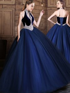Navy Blue Ball Gowns Halter Top Sleeveless Tulle Floor Length Lace Up Beading Ball Gown Prom Dress