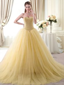 Gold Ball Gowns Sweetheart Sleeveless Tulle Floor Length Lace Up Beading 15 Quinceanera Dress