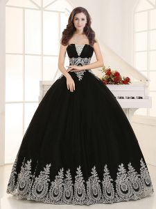 Black Tulle Lace Up Quinceanera Dress Sleeveless Floor Length Beading and Appliques