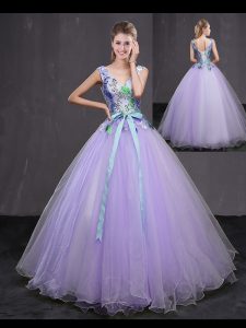 Elegant Floor Length Lace Up Quinceanera Dresses Lavender for Military Ball and Sweet 16 and Quinceanera with Beading an