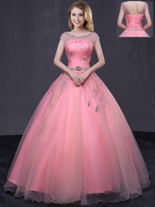 Spectacular Scoop Watermelon Red Ball Gowns Beading and Belt Quince Ball Gowns Lace Up Tulle Cap Sleeves Floor Length