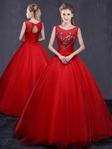 Scoop Red Sleeveless Beading and Embroidery Floor Length Sweet 16 Dress