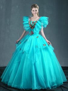 Hot Selling Embroidery Quinceanera Dresses Aqua Blue Lace Up Sleeveless Floor Length